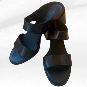 Aerosoles Nika Black Leather Block Heel Slide Sandal Ankle Strap Size 8M